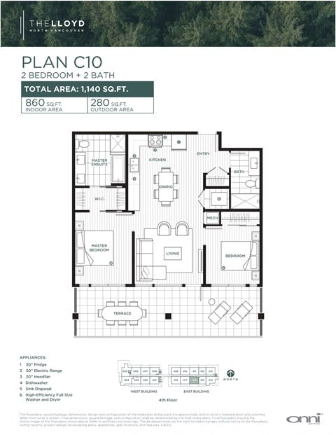 Floor plan for 2 beds, 2 baths, 860 sqft